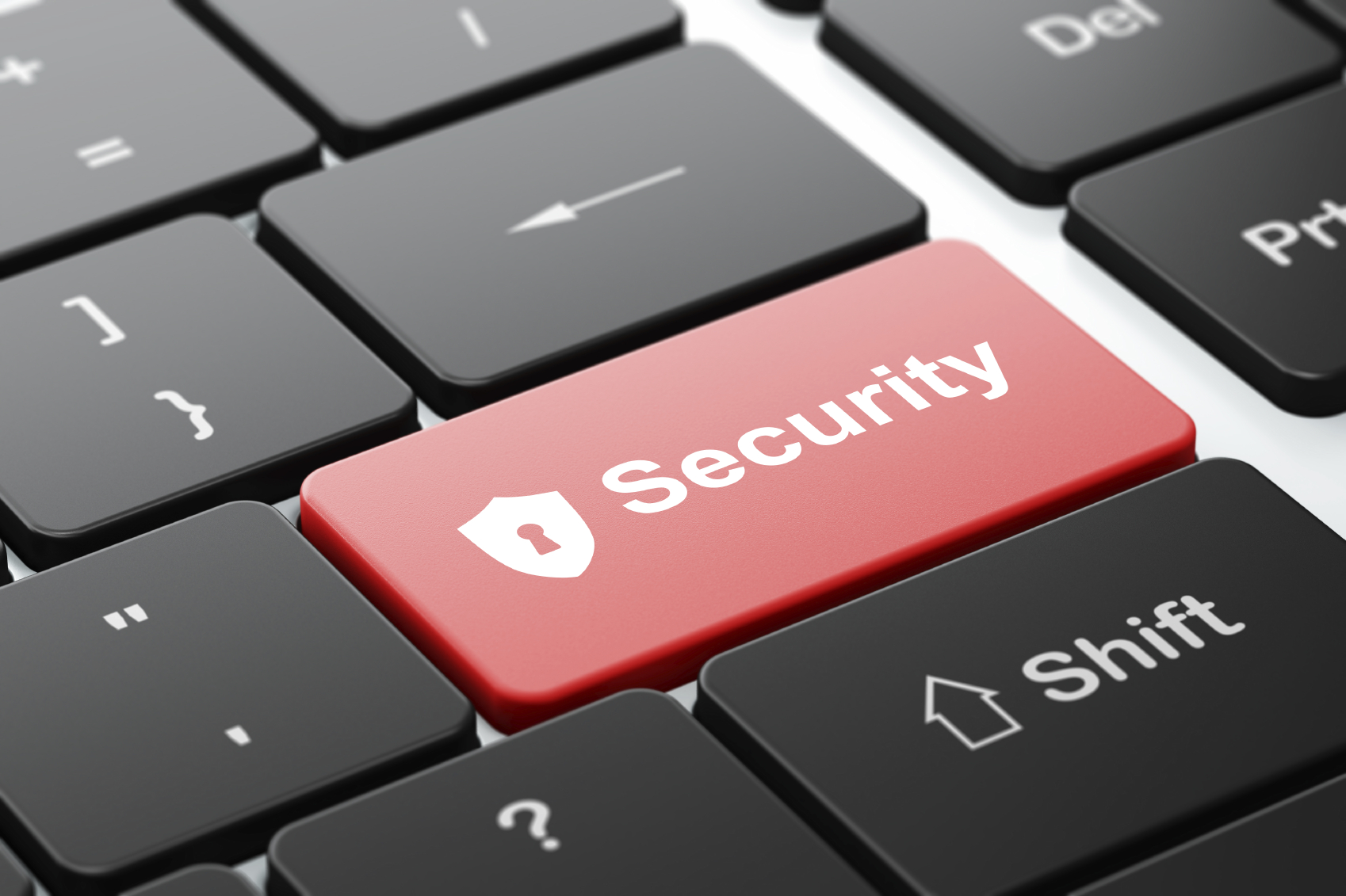 Protection concept: computer keyboard with Shield With Keyhole icon and word Security, selected focus on enter button, 3d render